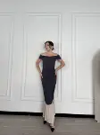 Striptiz Omuzlu Uzun Elbise- Füme-1