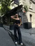 Arkadan Yırtmaçlı Jeans Kot Palazzo Pantolon - Siyah-2