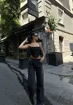 Arkadan Yırtmaçlı Jeans Kot Palazzo Pantolon - Siyah-3