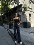 Arkadan Yırtmaçlı Jeans Kot Palazzo Pantolon - Siyah-4