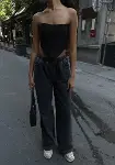 Arkadan Yırtmaçlı Jeans Kot Palazzo Pantolon - Siyah-1