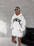 Unisex Üç İplik Kapşonlu Baskılı SweatShirt - Beyaz-2