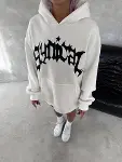 Unisex Üç İplik Kapşonlu Baskılı SweatShirt - Beyaz-3