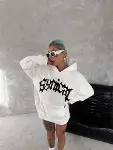 Unisex Üç İplik Kapşonlu Baskılı SweatShirt - Beyaz-1