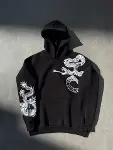 Uzun Kol Kapşonlu Baskılı SweatShirt - Siyah-1