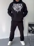 Uzun Kol Kapşonlu Baskılı SweatShirt - Siyah-4