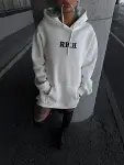 Uzun Kol Kapşonlu Göğüs Baskılı SweatShirt - Beyaz-1