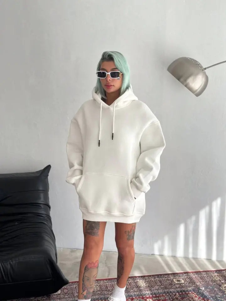 Kapşonlu Üç İplik Penye Basic SweatShirt - Beyaz
