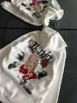 Üç İplik Penye Uzun Kol Kapşonlu Baskılı SweatShirt - Beyaz-1