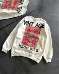 Bisiklet Yaka Üç İplik Baskılı Oversize SweatShirt - Beyaz-1