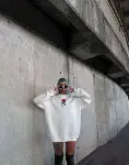 Oversize Üç İplik Bisiklet Yaka Baskılı SweatShirt - Beyaz-1