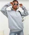Unisex Uzun Kol Yarım Farmuarlı Yakalı Basic SweatShirt - Gri-2
