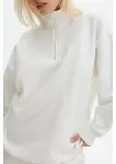 Unisex Uzun Kol Yarım Farmuarlı Yakalı Basic SweatShirt - Beyaz-3