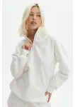 Unisex Uzun Kol Yarım Farmuarlı Yakalı Basic SweatShirt - Beyaz-1