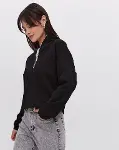 Oversize Yarım Farmuarlı Yakalı Basic SweatShirt - Siyah-2