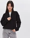 Oversize Yarım Farmuarlı Yakalı Basic SweatShirt - Siyah-3