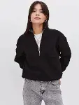 Oversize Yarım Farmuarlı Yakalı Basic SweatShirt - Siyah-1