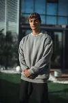 Kışlık Bisiklet Yaka Üç İplik Basic SweatShirt - Boyalı Gri-3