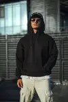Üç İplik Penye Kapşonlu Basic SweatShirt - Siyah-1