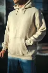 Üç İplik Penye Kapşonlu Basic SweatShirt - Bej-3