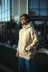 Üç İplik Penye Kapşonlu Basic SweatShirt - Bej-1