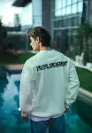 Kışlık Bisiklet Yaka Oversize Baskılı SweatShirt - Beyaz-3