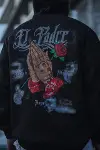 Üç İplik Penye Kapşonlu Baskılı SweatShirt - Siyah-2