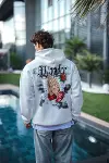 Üç İplik Penye Kapşonlu Baskılı SweatShirt - Beyaz-2