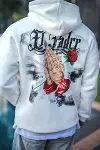 Üç İplik Penye Kapşonlu Baskılı SweatShirt - Beyaz-3