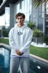 Üç İplik Penye Kapşonlu Baskılı SweatShirt - Beyaz-1
