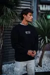 Oversize Bisiklet Yaka Üç İplik Baskılı SweatShirt - Siyah-3