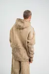 Unisex Double Oversize Kapşonlu Yıkamalı SweatShirt - Bej-4