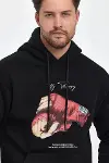Unisex Kapüşonlu Üç İplik Oversize Baskılı Sweatshirt - Siyah-1