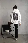 Unisex Sırt Baskılı Kapüşonlu Üç İplik Oversize Sweatshirt - Beyaz-2