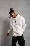 Unisex Sırt Baskılı Kapüşonlu Üç İplik Oversize Sweatshirt - Beyaz-3
