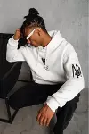Unisex Sırt Baskılı Kapüşonlu Üç İplik Oversize Sweatshirt - Beyaz-4