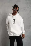 Unisex Sırt Baskılı Kapüşonlu Üç İplik Oversize Sweatshirt - Beyaz-1