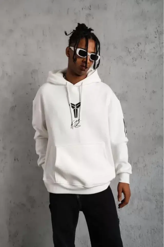 Unisex Sırt Baskılı Kapüşonlu Üç İplik Oversize Sweatshirt - Beyaz-1 Unisex Sırt Baskılı Kapüşonlu Üç İplik Oversize Sweatshirt - Beyaz-1