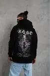 Unisex Sırt Baskılı Kapüşonlu Üç İplik Oversize Sweatshirt - Siyah-2