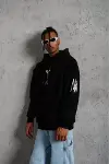 Unisex Sırt Baskılı Kapüşonlu Üç İplik Oversize Sweatshirt - Siyah-3