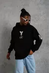 Unisex Sırt Baskılı Kapüşonlu Üç İplik Oversize Sweatshirt - Siyah-1