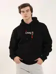 Unisex Baskılı Oversize Üç İplik Kapüşonlu Sweatshirt - Siyah-1