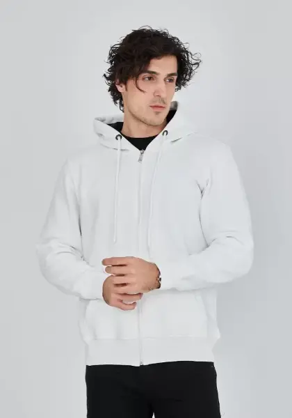 Unisex Tam Fermuarlı Kapşonlu&nbsp; SweatShirt - Beyaz