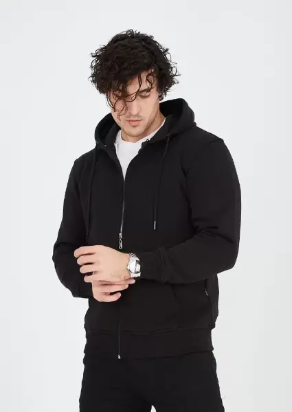 Unisex Tam Fermuarlı Kapşonlu&nbsp; SweatShirt - Siyah