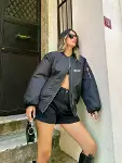 Unisex Uzun Kol Baskılı Bomber Ceket - Siyah-2