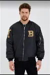 Unisex Uzun Kol Baskılı Bomber Ceket - Siyah-1