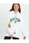 Baskılı Kapüşonlu Sweatshirt - Beyaz-3