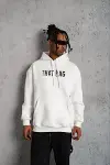 Erkek Kanguru Cep Baskılı Kapüşonlu Sweatshirt - Beyaz-1