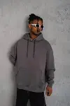 Erkek Düz Kapüşonlu Sweat - Gri-1
