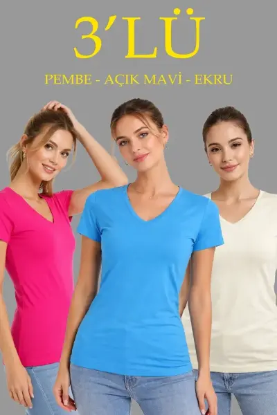 3lü V Yaka Tişört – Kısa Kollu Yazlık Slim Fit Body - Pembe, Açık Mavi, Ekru